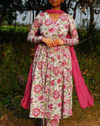 White with Pink Floral Anarkali Set - LD231