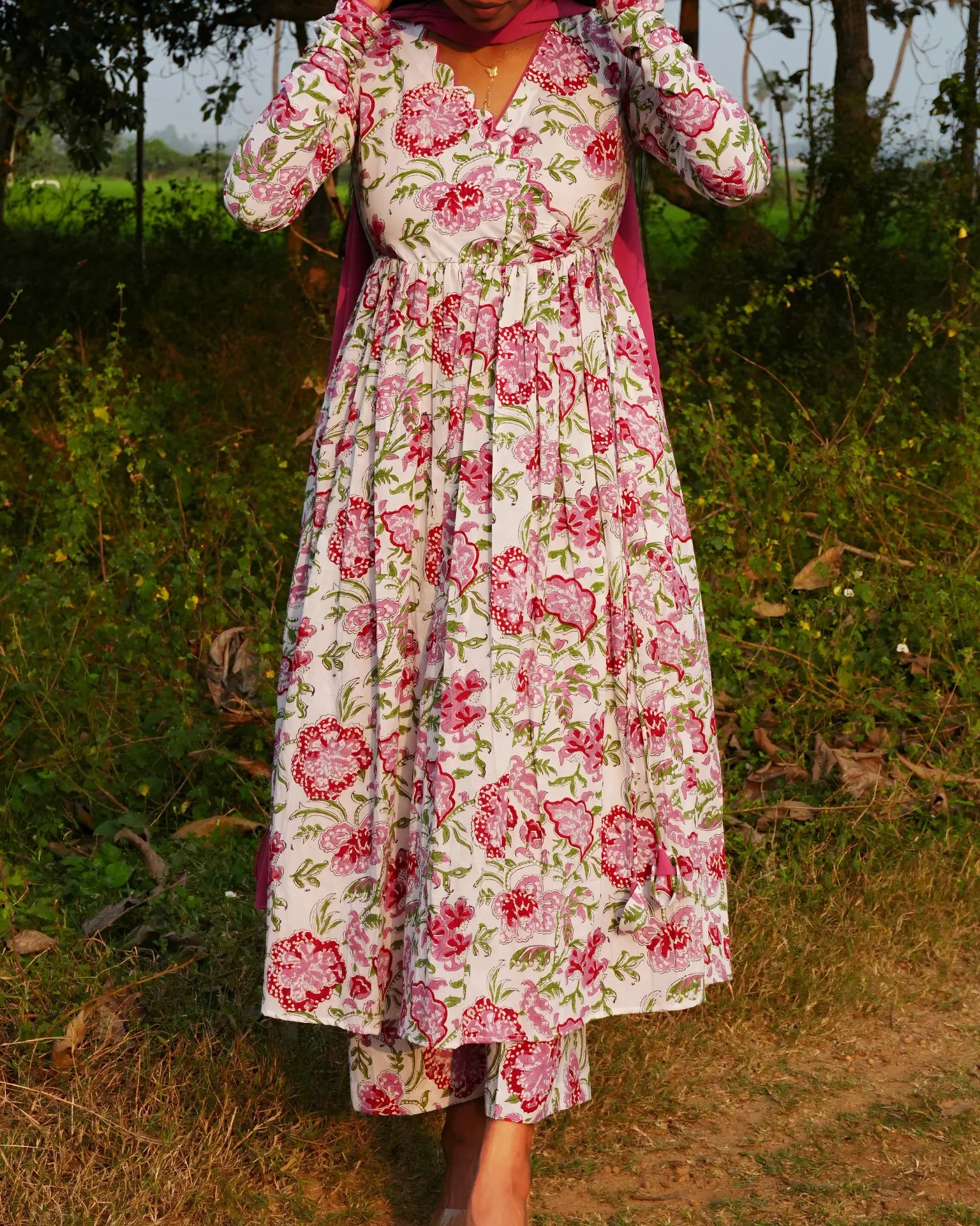 White with Pink Floral Anarkali Set - LD231