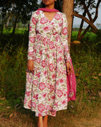 White with Pink Floral Anarkali Set - LD231