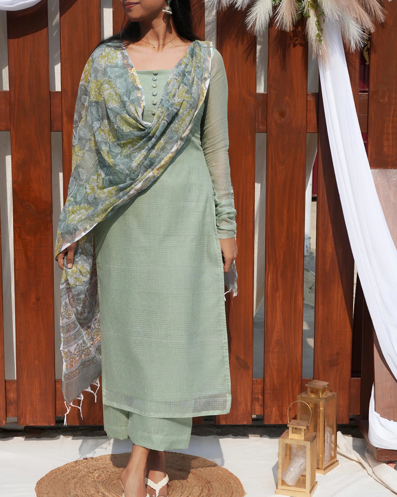 Basil Green Premium Kota Doria Set with Floral Dupatta - LD236