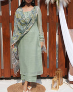 Basil Green Premium Kota Doria Set with Floral Dupatta - LD236