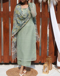 Basil Green Premium Kota Doria Set with Floral Dupatta - LD236