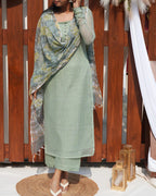 Basil Green Premium Kota Doria Set with Floral Dupatta - LD236