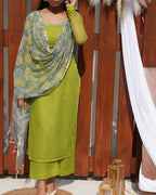 Pear Green Premium Kota Doria Set with Floral Dupatta - LD237