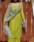 Pear Green Premium Kota Doria Set with Floral Dupatta - LD237