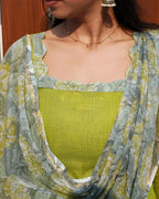 Pear Green Premium Kota Doria Set with Floral Dupatta - LD237
